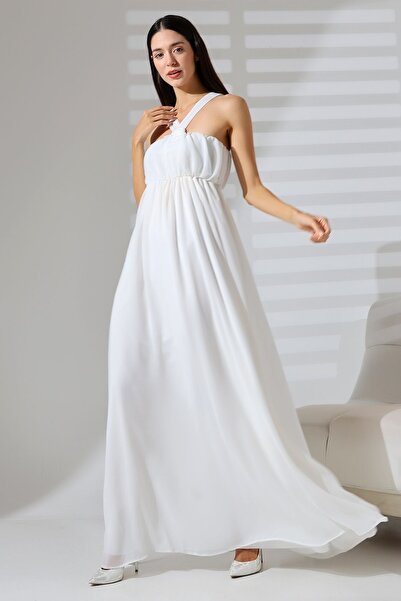 Mois Atelier Beyaz Şifon Çapraz Askılı Straplez Uzun Abiye Nikah Elbise Hamil...