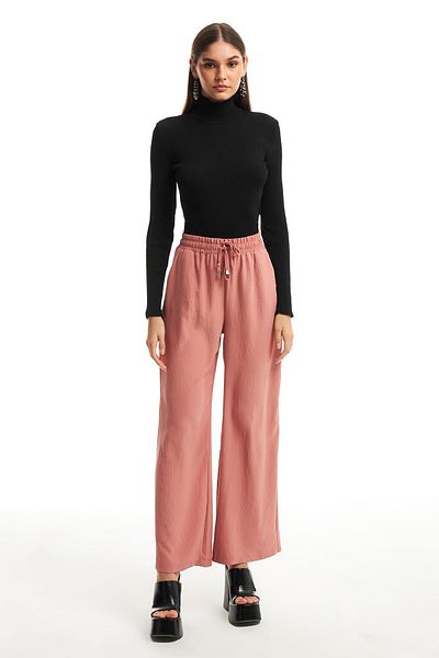 Quzu Elastic Waist Wide Leg Trousers Powder