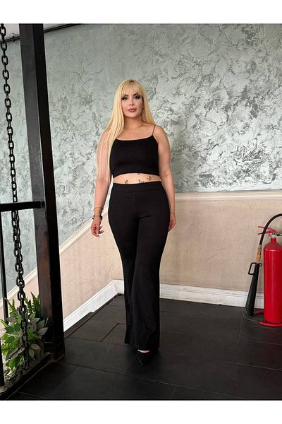 Butik Nilyam Plus Size Black Spanish Pants - Elastic Waist, Steel Leggings 24164