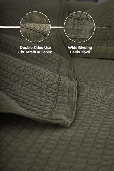 Evlen Home Collection %100 Pamuk Çift Kişilik Pike Takımı Özel Taş Yıkama Yatak Örtüsü Lüks Yumuşak Vitali Yeşil