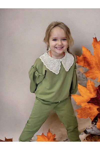 VEGAMOD Girl's Collar Lace Detailed Balloon Sleeve Very Stylish Vintage Top and Bottom Set 2-3-4-5 YEARS