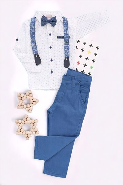 Egelite Комплект от ленени панталони и риза с папионка за момче - Комплект за...