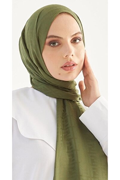 Trablus Tessetür Γυναικείο Σάλι Ζακάρ από Μεταξένιο Βαμβάκι με Χακί Σχέδιο Σάλι με Σχέδιο F