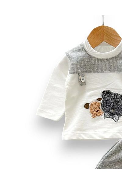 VOY KİDS Baby Boy Seasonal Set - Teddy Bear Embroidered, Long Sleeve, Crew Neck, Buttoned Collar
