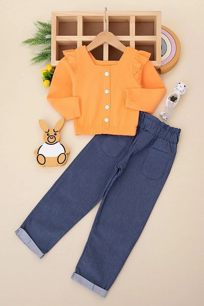 voyyo kids baby Fittili Linen Blouse and Trousers Set for 2-6 Years Old Girls - Stylish Design for Seasonal Winter