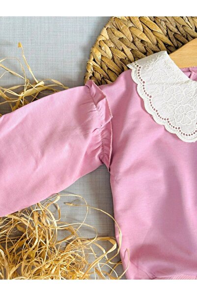 voyyo kids baby Girl's Vintage Collar Lace Detailed Balloon Sleeve Tracksuit Set