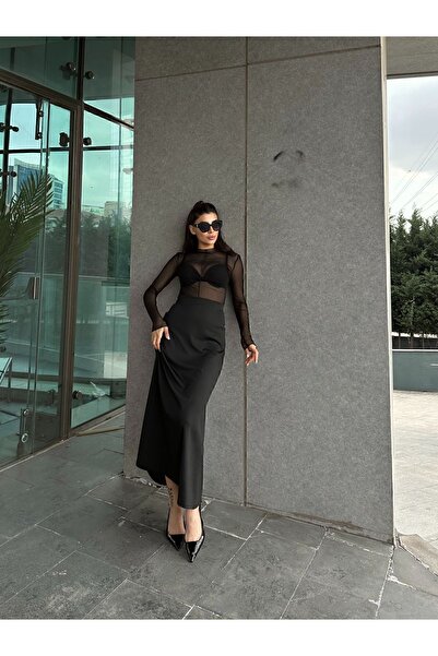 Fiori Scuba Black Flared Skirt with Elastic Waist