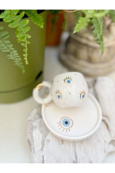 Mugtasarım 24 K Gold Gilded Double Turkish Coffee Cup with Multi-Eye Evil Eye