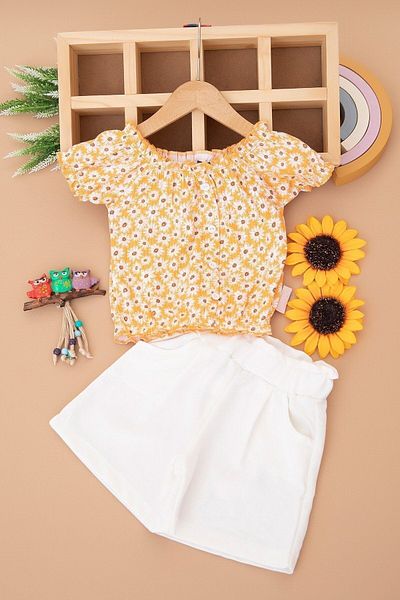 voyyo kids baby Girl's Summer Interlock Corded Fabric Daisy Printed Shorts Top and Bottom Children's Set 3-6 YEARS R771