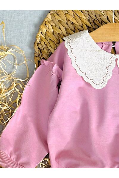 voyyo kids baby Girl's Vintage Collar Lace Detailed Balloon Sleeve Tracksuit Set