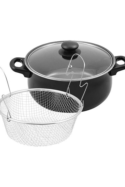 Demir Çeyiz Enameled Glass Lid Potato Pepper Pumpkin Sausage Eggplant Frying Pot Fryer (24cm)