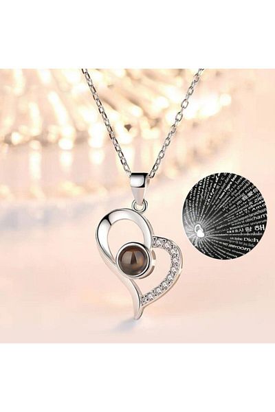 AlpCollection I Love You in 100 Languages Gray Heart Chain Projection Necklace