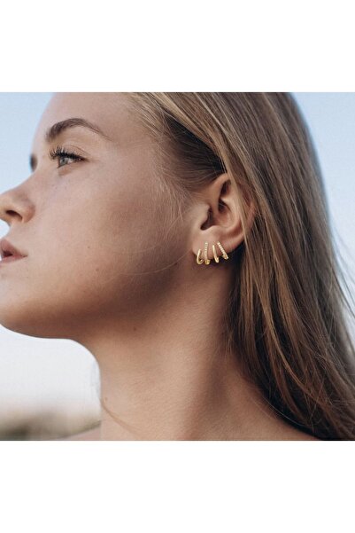 AychaAksesuar Çelik tek delik çoklu görünüm altın renk taşlı kararmaz küpe