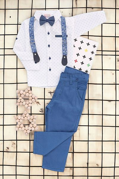 voyyo kids baby Cămașă cu papion pentru băieți, pantaloni din in, cu bretele, set pentru copii Eid Bottom Top
