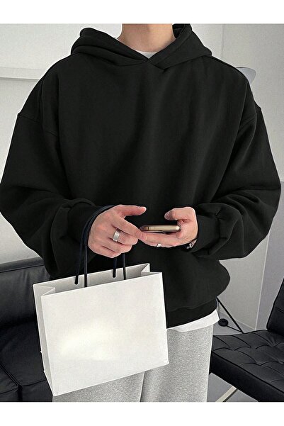 LUMİZA Men's Black Solid Color Casual Hooded Sweatshirt
