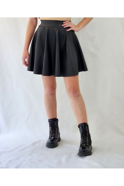 YAXİ Fusta Mini A-Line din piele neagră - Femei