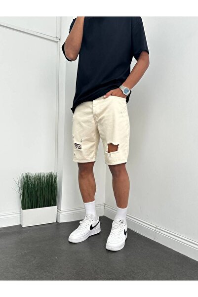 Genel Markalar Boyfriend Krem Renk Yırtık Detaylı Kot Kapri Şort