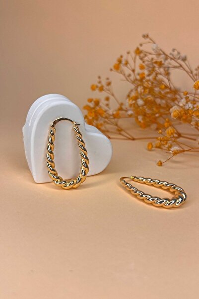 Elassin Aksesuar Oval Model Sarmal Detaylı Gold Renk 6,5 cm Halka Küpe