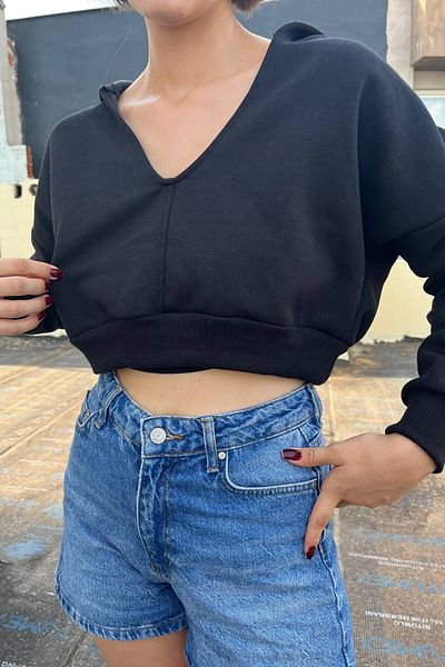 macklin V-Neck Hooded Basic Crop Women's Knitted Sweatshirt