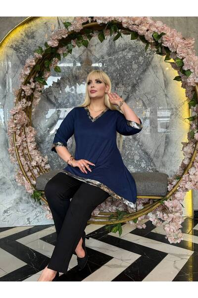 Butik Nilyam V-Neck Sequined Elegant Plus Size Evening Dress Blouse - 24165