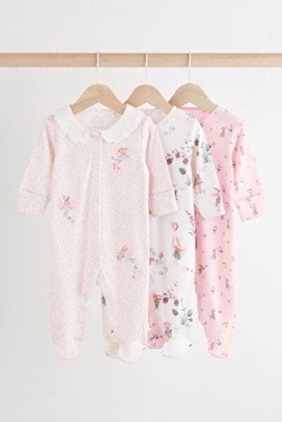 Next Baby Cotton Pink Floral Patterned Lace Collar 3-Piece Sleepsuit