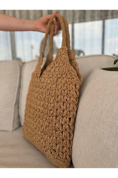 ÖZÜM HOME Kadın Vizon Renk El Yapımı Kağıt Ip Örgü Günlük Omuz Çantası - Delikli Torba Çanta| Yazlık