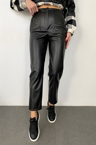 Tebessüm Life Pantaloni negri din piele de bumbac cu talie înaltă