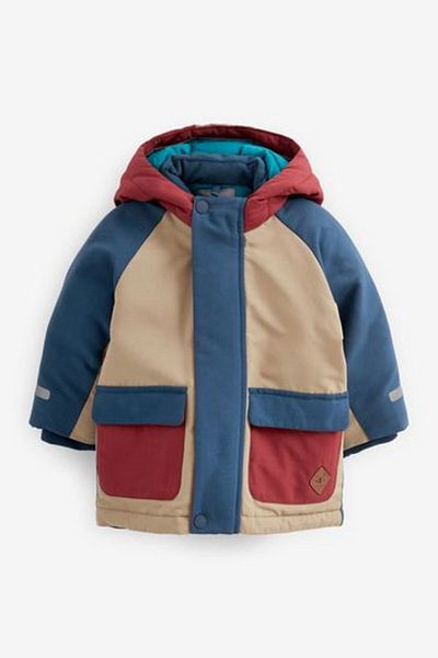 Next Baby Тъмносиньо, кремаво, цветни блокове, с качулка, изцяло с полар, водоустойчиво палто
