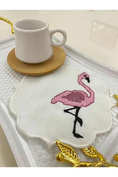 AYNAKIŞÇEYİZ 6 Adet Cilveli Flamingo Nakışlı Keten Kumaş Kahve Yanı Kokteyl P...