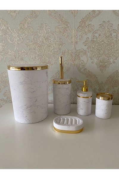 Trend Banyo Mutfak 5 Piece Marble Pattern Mat Bathroom Set / WC Brush Holder, Liquid - Solid Soap Dish, Trash Can, Toothbrush Holder