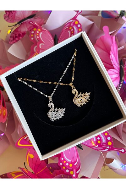 ilk ve tek 316l Çelik Zirkon Taşlı Kuğu Kolye Gold Renk / 1 Adet