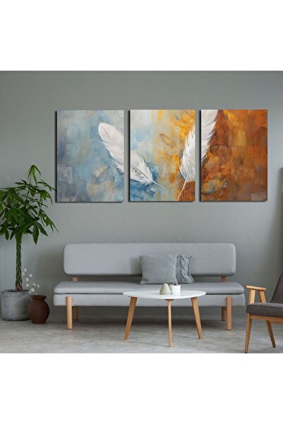 GAAGART 3'lü Kanvas Tablo Seti Yağlı Boya Dokulu Beyaz Şans Tüyü Görseli