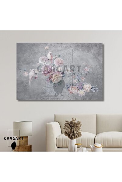 GAAGART Tekli Yatay Kanvas Duvar Tablosu Gri Fonda Soft Çiçekler Kuş