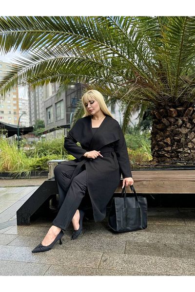 Butik Nilyam Plus Size Thin Coat with Belt and Pockets 24168