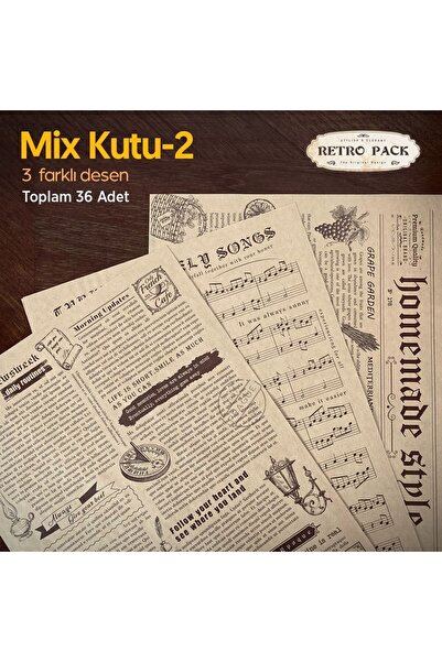 Retro Pack 2 paket bir arada, 36+36=72 Adet Desenli Yağlı Sunum Kağıdı-5 Farklı Desen-Yağlı Kağıt