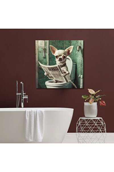 GAAGART Tekli Kare Kanvas Banyo Tablosu Gazete Okuyan Beyaz Chihuahua Köpek