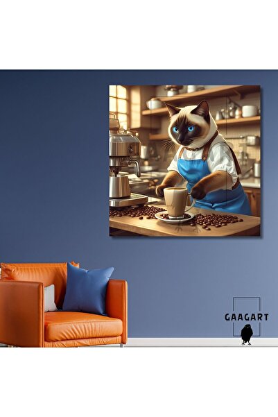 GAAGART Kare Kanvas Kahve Köşesi Cafe Tablosu Barista Siyam Kedisi
