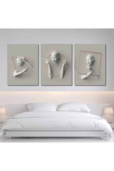 GAAGART 3'lü Kanvas Duvar Tablosu Kabartma Efektli Manken Büstleri