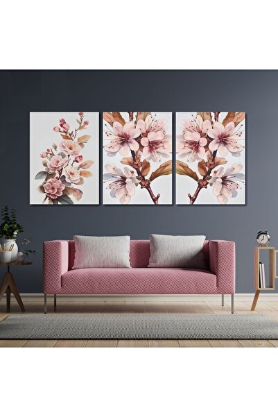 GAAGART 3'lü Kanvas Duvar Tablosu Pastel Pembe Dalında Çiçekler
