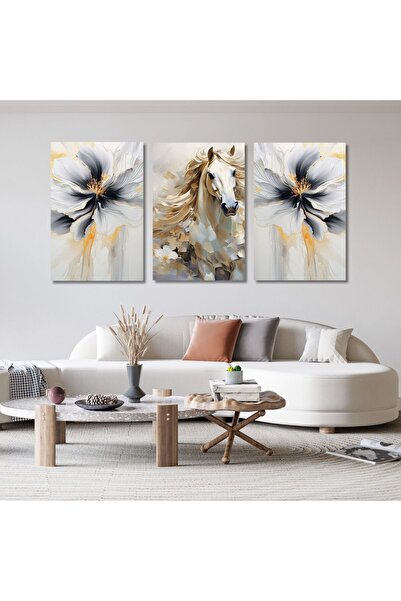 GAAGART 3'lü Kanvas Salon Duvar Tablosu Menekşe ve Beyaz At