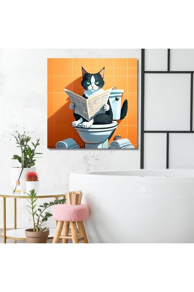 GAAGART Tekli Kare Kanvas Banyo Tablosu Gazete Okuyan Beyaz Siyah Kedi