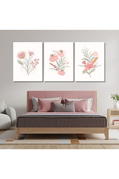 GAAGART 3'lü Kanvas Duvar Tablosu Pastel Soft Pembe Çiçek Tasarımı