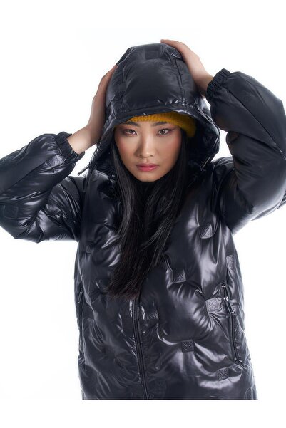 Kayra Monogram Goose Feather Padded Coat-Black