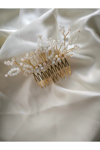 İstoria Bridal Gold&White Comb Buckle, Engagement Buckle, Hair Accessory, Wedding Buckle
