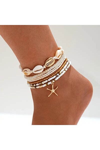 MELENY Deniz Yıldızı, Midye Kabuklu, Deniz Kabuğu Detay Suni Inci Halhal Kadın