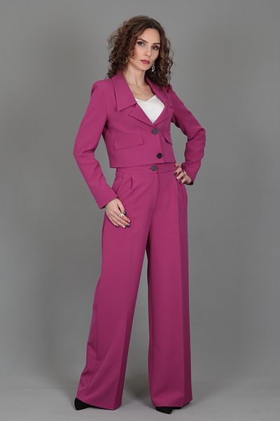 ÖNDER ÖZSOY Low Collar Mini Jacket & High Waist Pleated Wide Leg Trousers Set-fuchsia