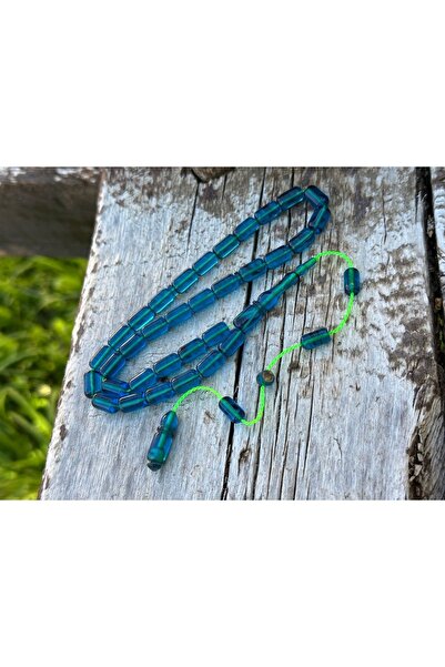 TESBİHSARAYI مسبحة صلاة من العنبر الأزرق الناري - يمكن كتابة الاسم بصندوق خشب...