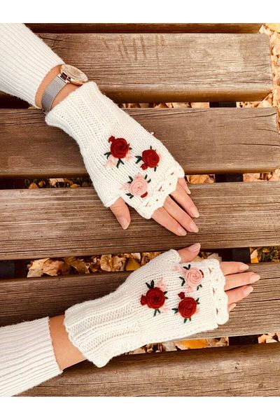 El örgüsü Mănuși - Broderie florală fără degete, croșetat tricotat manual