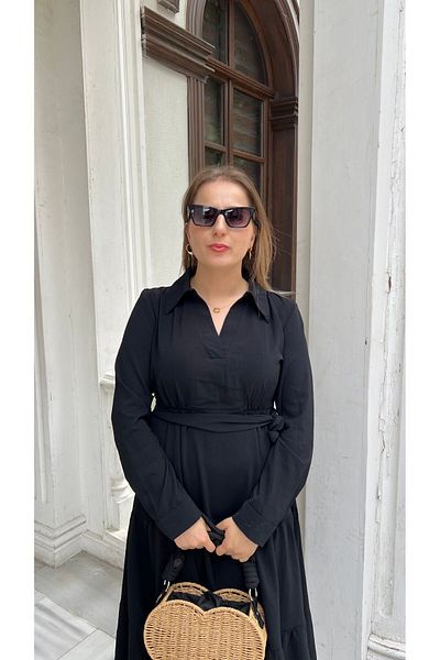 Flow Black Shirt Dress - Belted Waist Design