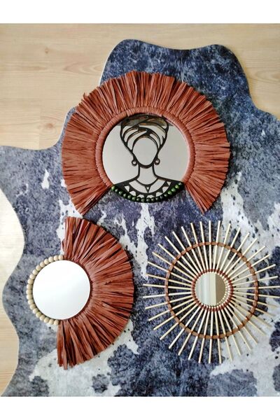 BOHEM Kiremit Rengi Rafya Ayna, Bambu Ayna, Dekoratif Ayna Seti